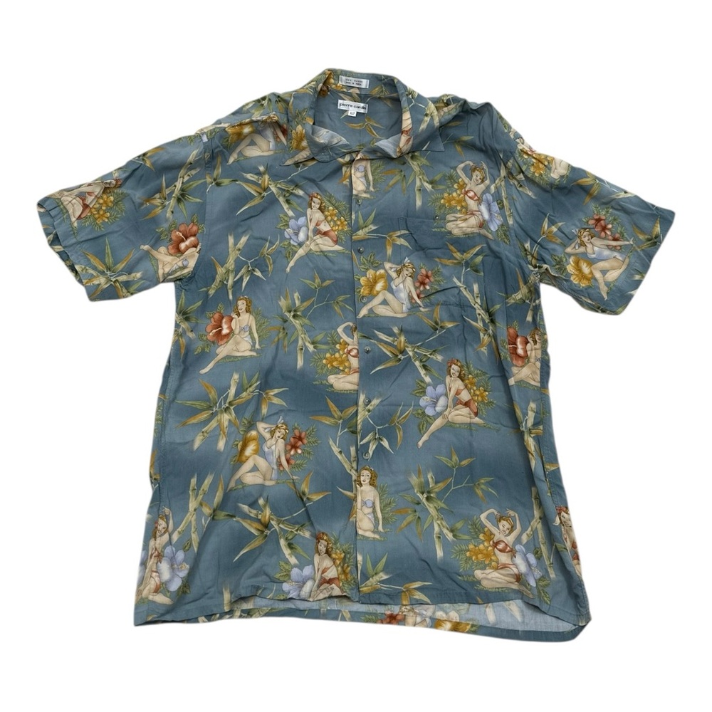 Pierre Cardin Vintage Green Hawaiian Pin Up Girl Button Down Shirt - Size XLT